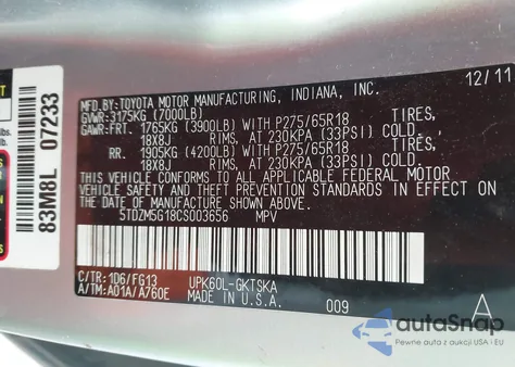 2012 Toyota Sequoia Sr5 4.6L V8 из США, поврежденный, VIN 5TDZM5G18CS003656